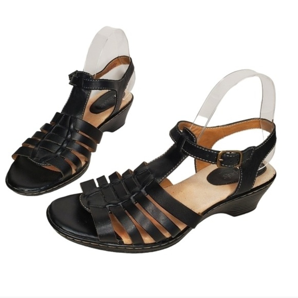 Softspots Black Leather Fisherman Sandals Woven Low Heel Comfort Shoes Size 10